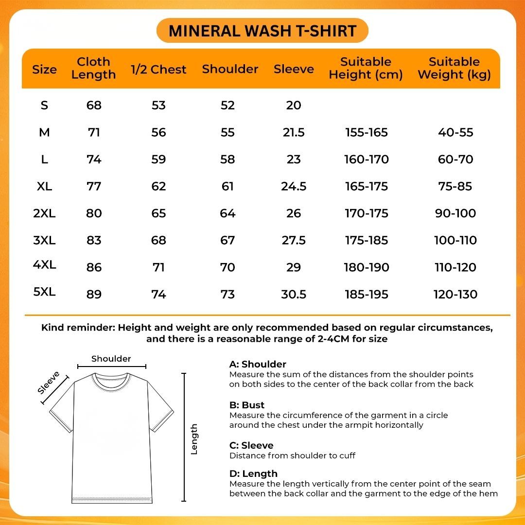 Mineral Wash T Shirt Size Chart - One Punch Man UK Shop